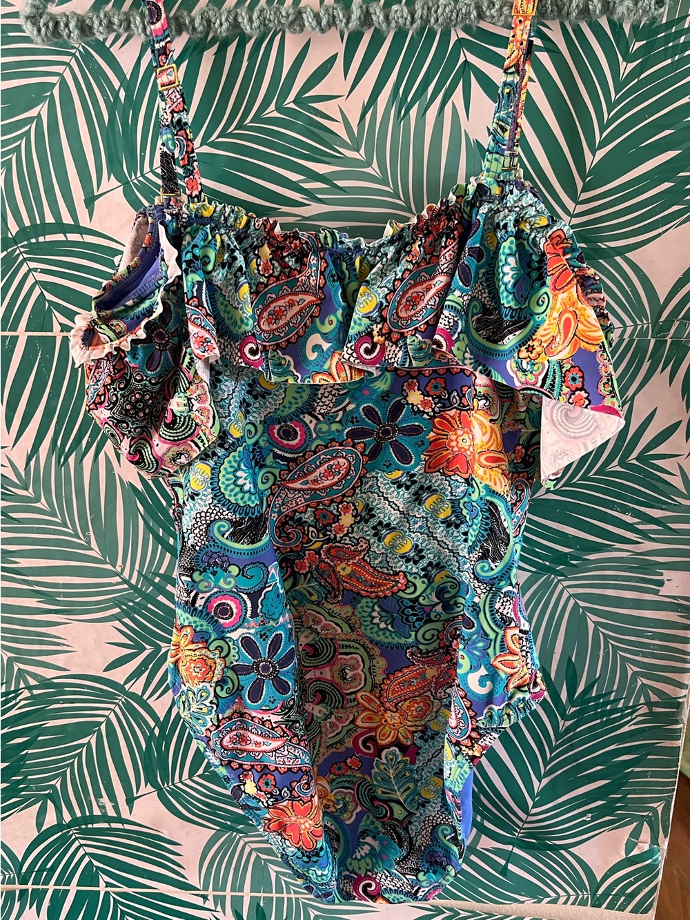 Bleu | Rod Beattie Paisley Ruffle off shoulders w/ Strap one piece swimsuit 8